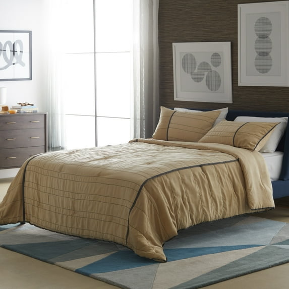 MoDRN Mid Century Faux Suede Golden Khaki 3-Piece Comforter Set, King