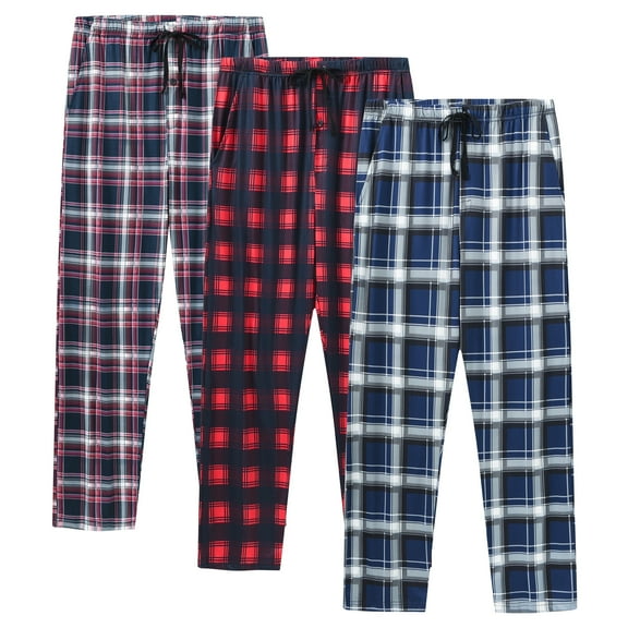 MoFiz Men's 3-Pack Woven Pajama Pants Plaid Sleep Lounge