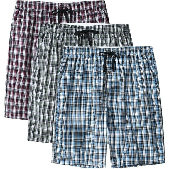 MoFiz Men's 3-Pack Woven Pajama Shorts 100% Cotton Plaid Sleep Lounge