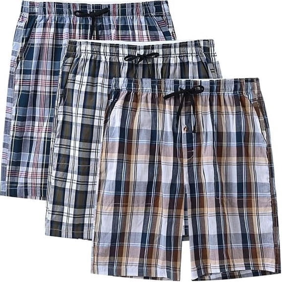 MoFiz Men's 3-Pack Woven Pajama Shorts 100% Cotton Plaid Sleep Lounge