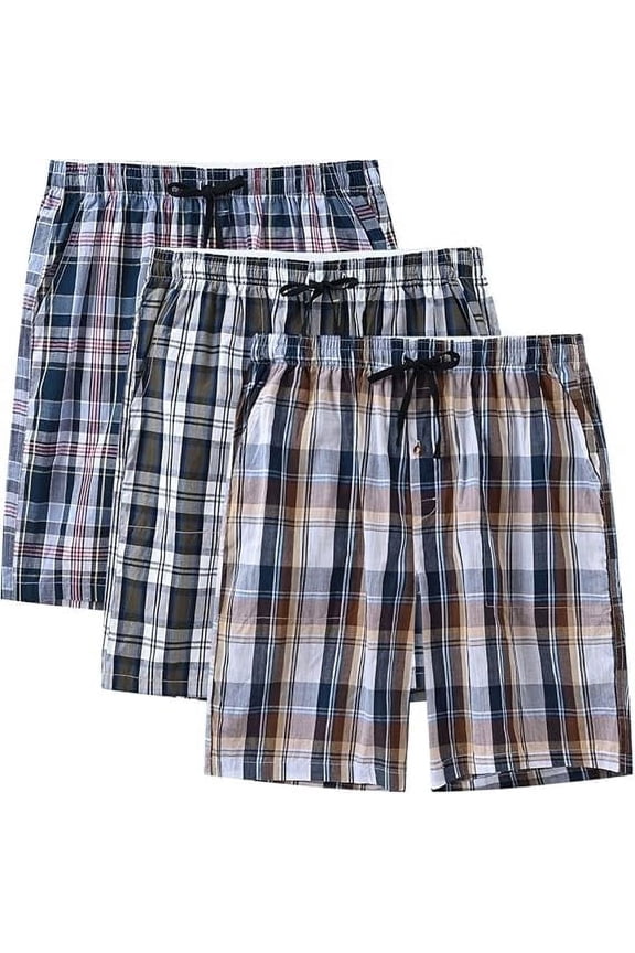 Men's 3-Pack Woven Pajama Shorts 100% Cotton Plaid Sleep Lounge