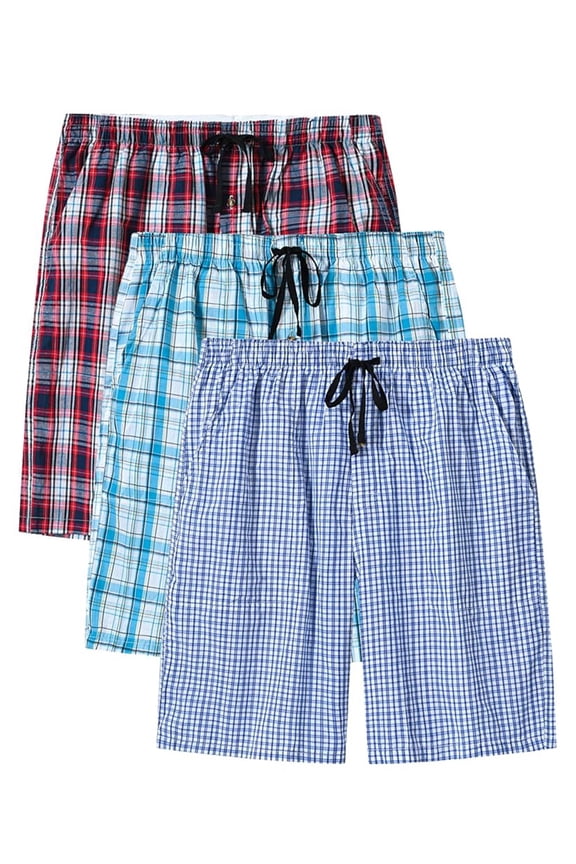 Men's 3-Pack Woven Pajama Shorts 100% Cotton Plaid Sleep Lounge