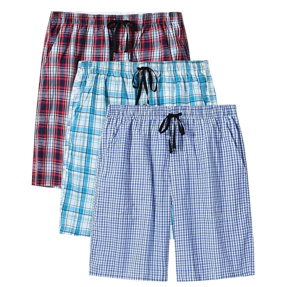 MoFiz Men's 3-Pack Woven Pajama Shorts 100% Cotton Plaid Sleep Lounge
