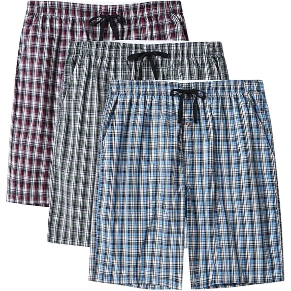 MoFiz Men's 3-Pack Woven Pajama Shorts 100% Cotton Plaid Sleep Lounge