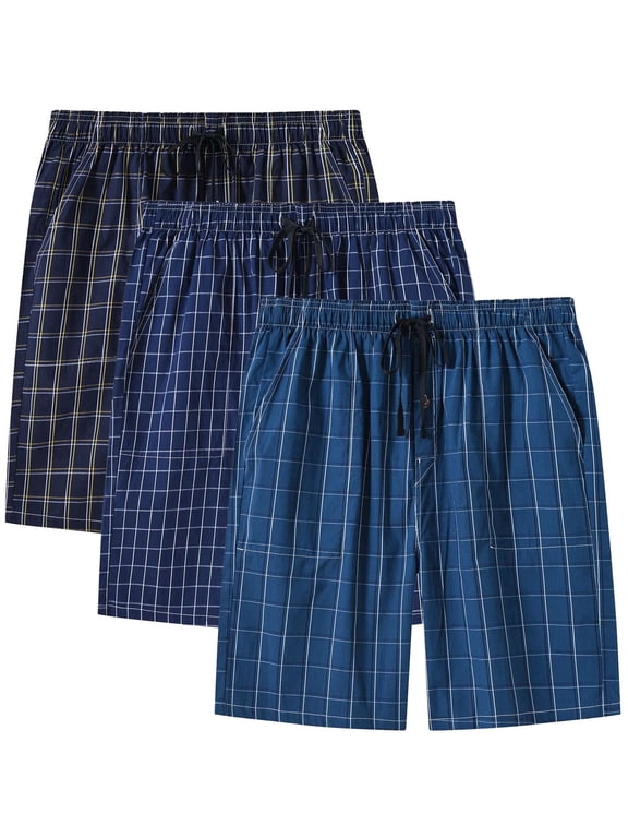 Men's 3-Pack Woven Pajama Shorts 100% Cotton Plaid Sleep Lounge