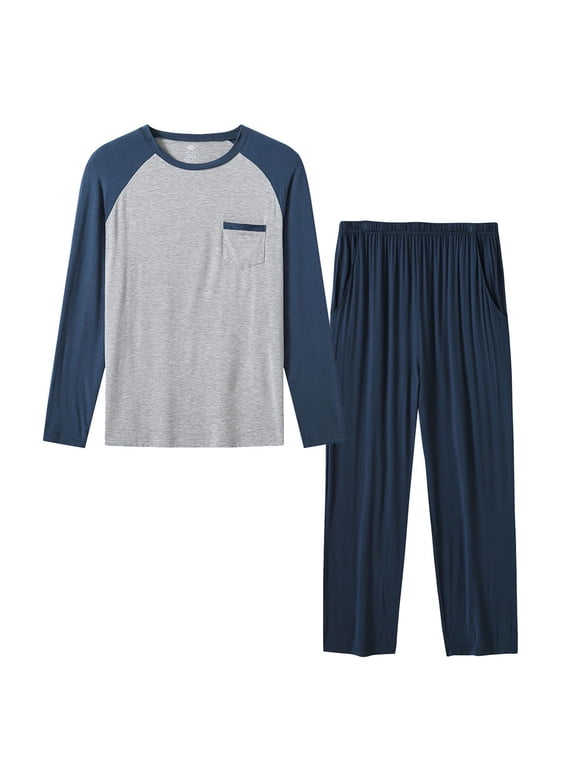 Men's Bamboo Pajamas Set Long Sleeve Crew-Neck Top and Pants with Pockets Loungewear 2-Piece for Men