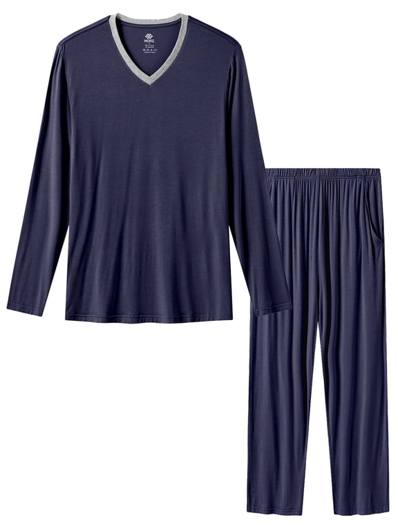 Men's Bamboo Pajamas Set Long Sleeve V-Neck Top and Pants with Pockets Loungewear 2-Piece for Men
