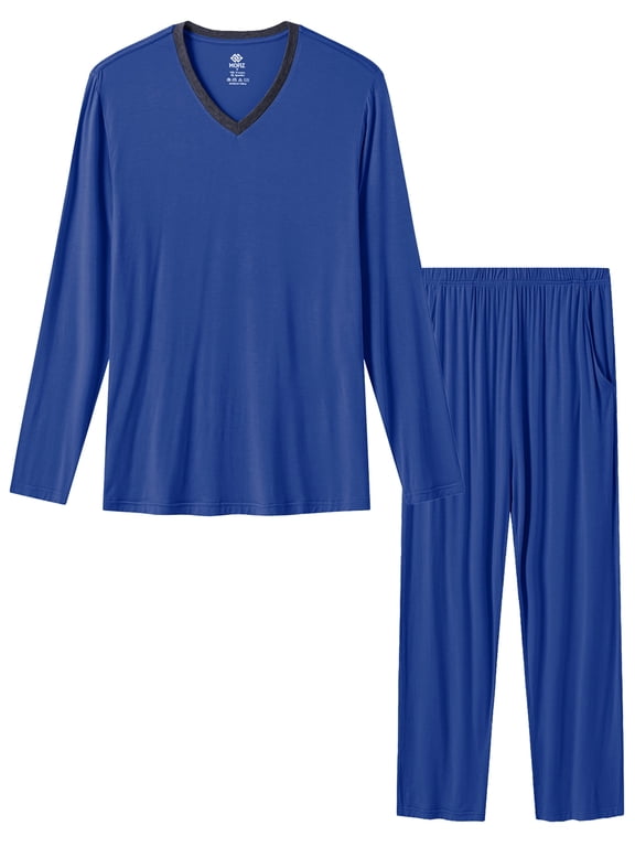 Men's Bamboo Pajamas Set Long Sleeve V-Neck Top and Pants with Pockets Loungewear 2-Piece for Men