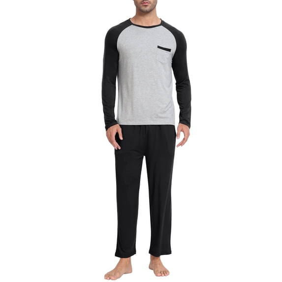 MoFiz Men's Bamboo Pajamas Set Long Sleeve Crew-Neck Top and Pants with Pockets Loungewear 2-Piece for Men