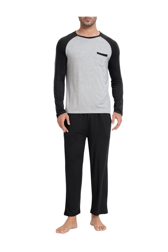 Men's Bamboo Pajamas Set Long Sleeve Crew-Neck Top and Pants with Pockets Loungewear 2-Piece for Men