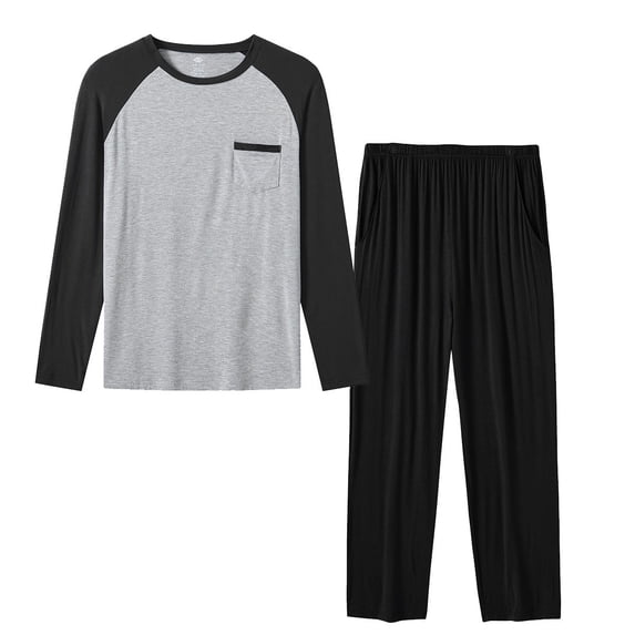 MoFiz Men's Bamboo Pajamas Set Long Sleeve Crew-Neck Top and Pants with Pockets Loungewear 2-Piece for Men