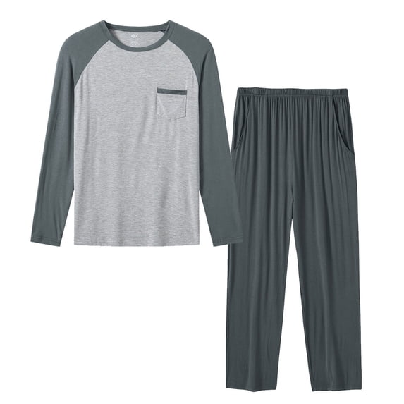 MoFiz Men's Bamboo Pajamas Set Long Sleeve Crew-Neck Top and Pants with Pockets Loungewear 2-Piece for Men