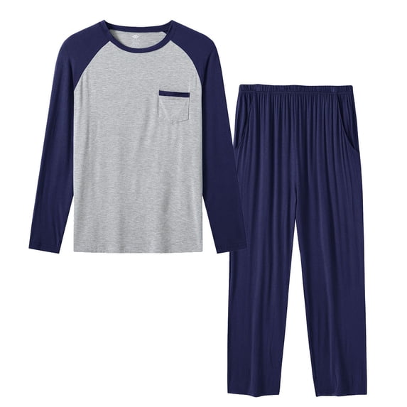 MoFiz Men's Bamboo Pajamas Set Long Sleeve Crew-Neck Top and Pants with Pockets Loungewear 2-Piece for Men