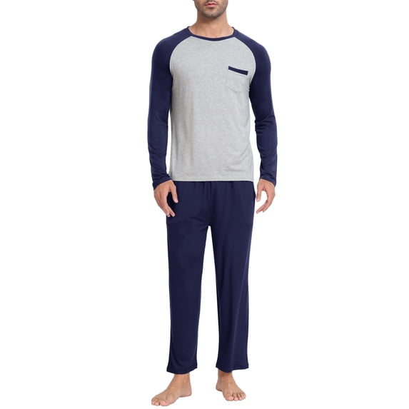 MoFiz Men's Bamboo Pajamas Set Long Sleeve Crew-Neck Top and Pants with Pockets Loungewear 2-Piece for Men