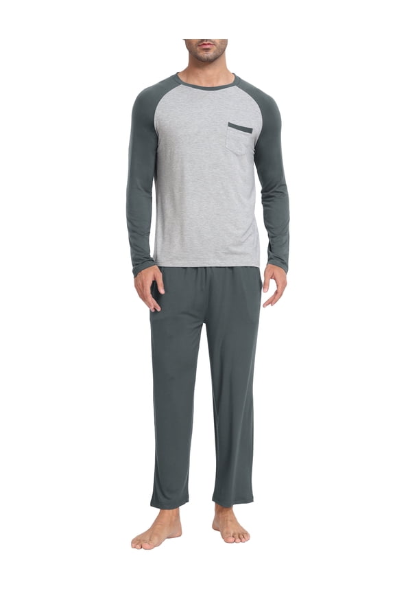 Men's Bamboo Pajamas Set Long Sleeve Crew-Neck Top and Pants with Pockets Loungewear 2-Piece for Men