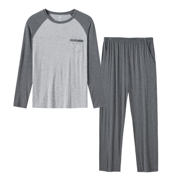 MoFiz Men's Bamboo Pajamas Set Long Sleeve Crew-Neck Top and Pants with Pockets Loungewear 2-Piece for Men