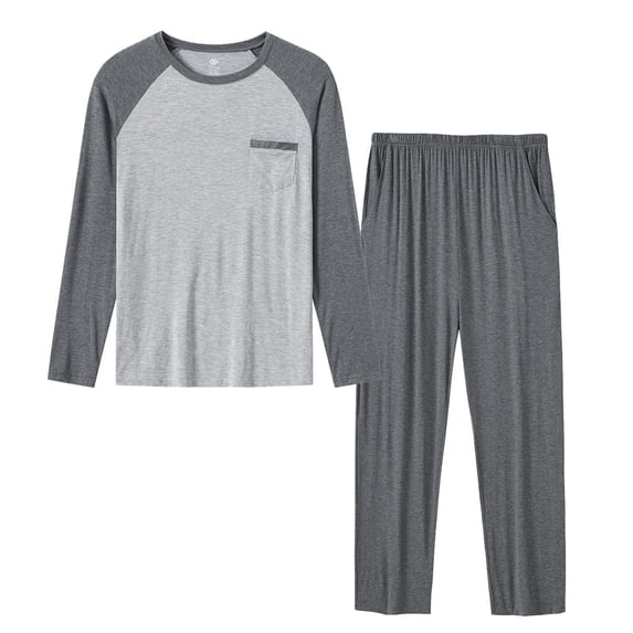 MoFiz Men's Bamboo Pajamas Set Long Sleeve Crew-Neck Top and Pants with Pockets Loungewear 2-Piece for Men