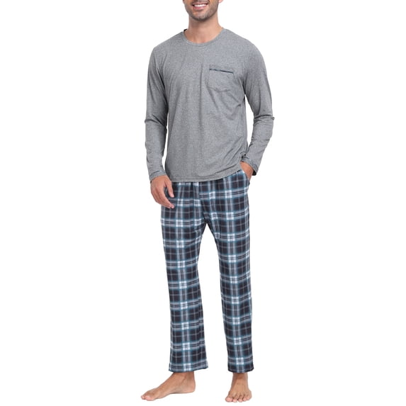 MoFiz Pjs Men's Pajama Sets Long Sleeve Top Checkered Pants Cozy Loungewear 2 Pieces