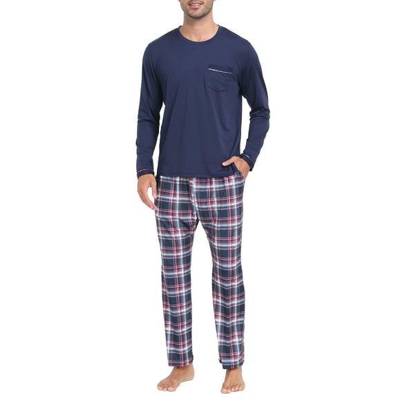 MoFiz Pjs Men's Pajama Sets Long Sleeve Top Checkered Pants Cozy Loungewear 2 Pieces