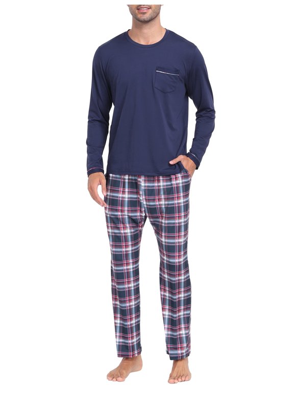 Pjs Men's Pajama Sets Long Sleeve Top Checkered Pants Cozy Loungewear 2 Pieces