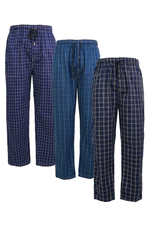 Men's Plaid Print Woven Pajama Pants Cotton Loungewear Sleep Bottoms 3PACK