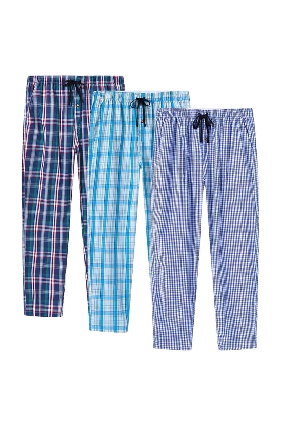 Men's Plaid Print Woven Pajama Pants Cotton Loungewear Sleep Bottoms 3PACK