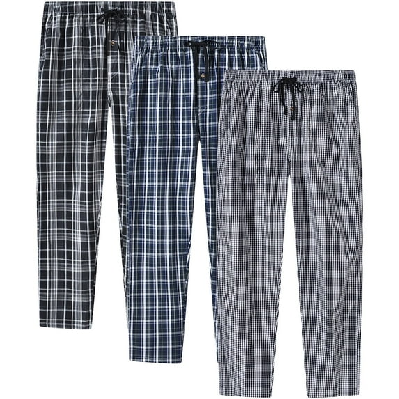 MoFiz Men's Plaid Print Woven Pajama Pants Cotton Loungewear Sleep Bottoms 3PACK