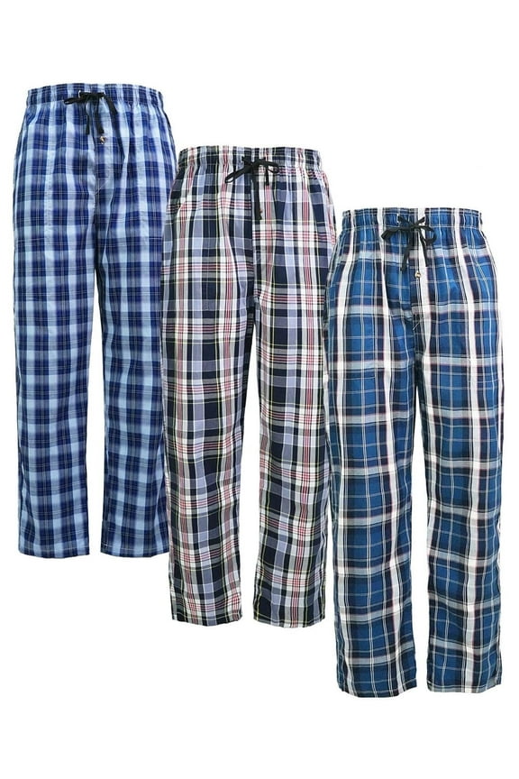 Men's Plaid Print Woven Pajama Pants Cotton Loungewear Sleep Bottoms 3PACK