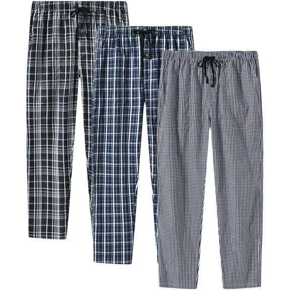 MoFiz Men's Plaid Print Woven Pajama Pants Cotton Loungewear Sleep Bottoms 3PACK