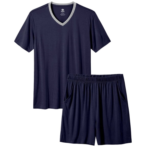MoFiz Pjs Men's Solid Bamboo Pajamas Set Short Sleeve V-Neck Top and Shorts with Pockets Loungewear 2-Piece for Men
