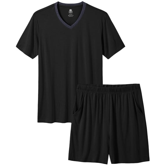 MoFiz Pjs Men's Solid Bamboo Pajamas Set Short Sleeve V-Neck Top and Shorts with Pockets Loungewear 2-Piece for Men