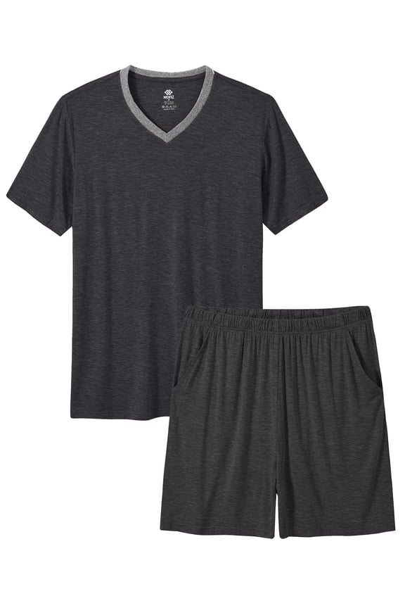 Pjs Men's Solid Bamboo Pajamas Set Short Sleeve V-Neck Top and Shorts with Pockets Loungewear 2-Piece for Men