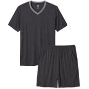 MoFiz Pjs Mens Solid Bamboo Pajamas Set Short Sleeve V-Neck Top and Shorts with Pockets Loungewear 2-Piece for Men