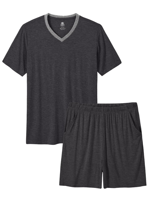 Pjs Men's Solid Bamboo Pajamas Set Short Sleeve V-Neck Top and Shorts with Pockets Loungewear 2-Piece for Men