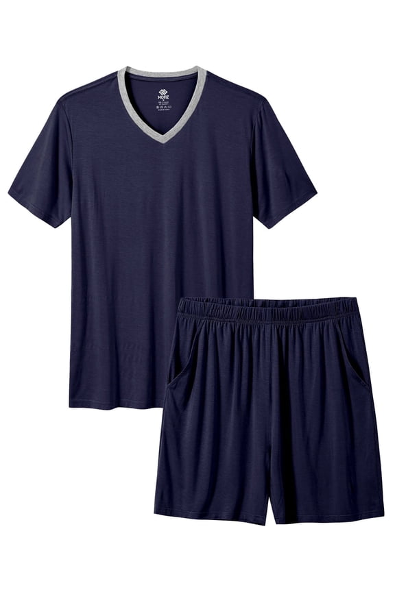 Pjs Men's Solid Bamboo Pajamas Set Short Sleeve V-Neck Top and Shorts with Pockets Loungewear 2-Piece for Men