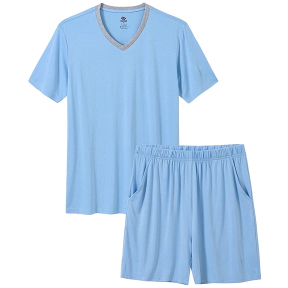 MoFiz Pjs Men's Solid Bamboo Pajamas Set Short Sleeve V-Neck Top and Shorts with Pockets Loungewear 2-Piece for Men