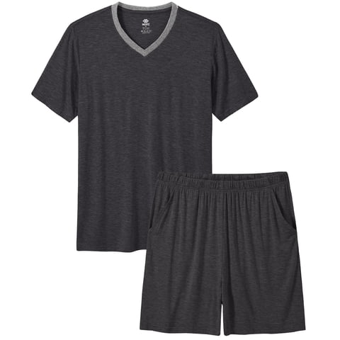 Pjs Men's Solid Bamboo Pajamas Set Short Sleeve V-Neck Top and Shorts with Pockets Loungewear 2-Piece for Men