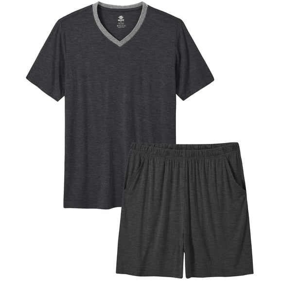 MoFiz Pjs Men's Solid Bamboo Pajamas Set Short Sleeve V-Neck Top and Shorts with Pockets Loungewear 2-Piece for Men