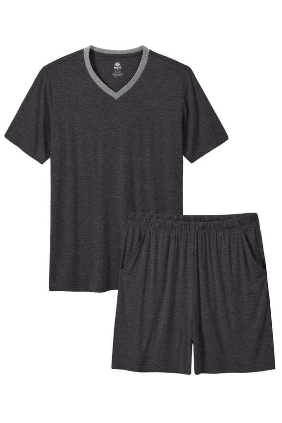 Pjs Men's Solid Bamboo Pajamas Set Short Sleeve V-Neck Top and Shorts with Pockets Loungewear 2-Piece for Men