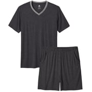 MoFiz Pjs Mens Solid Bamboo Pajamas Set Short Sleeve V-Neck Top and Shorts with Pockets Loungewear 2-Piece for Men