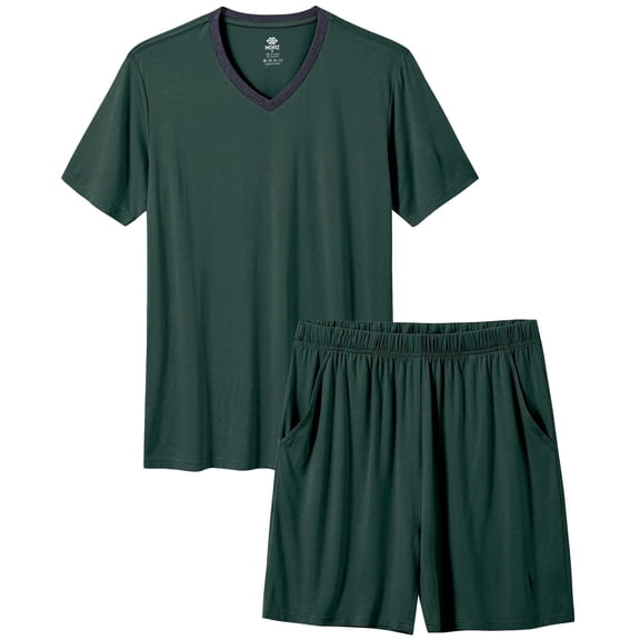 MoFiz Pjs Men's Solid Bamboo Pajamas Set Short Sleeve V-Neck Top and Shorts with Pockets Loungewear 2-Piece for Men