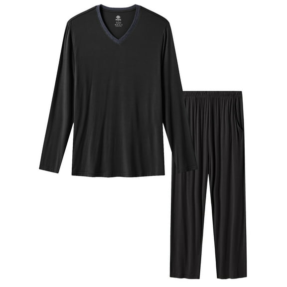 MoFiz Men's Bamboo Pajamas Set Long Sleeve V-Neck Top and Pants with Pockets Loungewear 2-Piece for Men