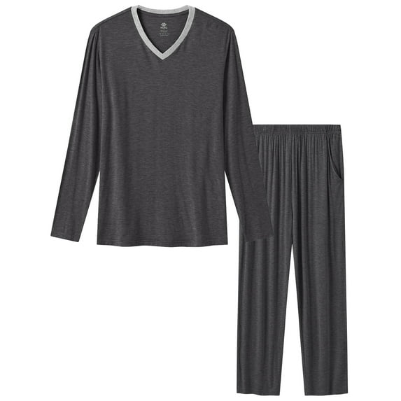MoFiz Men's Bamboo Pajamas Set Long Sleeve V-Neck Top and Pants with Pockets Loungewear 2-Piece for Men