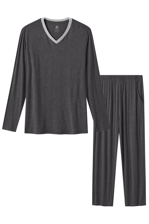 Men's Bamboo Pajamas Set Long Sleeve V-Neck Top and Pants with Pockets Loungewear 2-Piece for Men