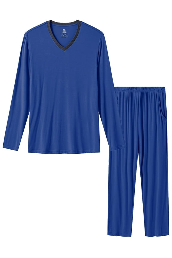 Men's Bamboo Pajamas Set Long Sleeve V-Neck Top and Pants with Pockets Loungewear 2-Piece for Men