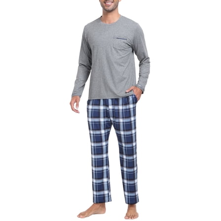 MoFiz Pjs Men's Pajama Sets Long Sleeve Top Checkered Pants Cozy Loungewear 2 Pieces
