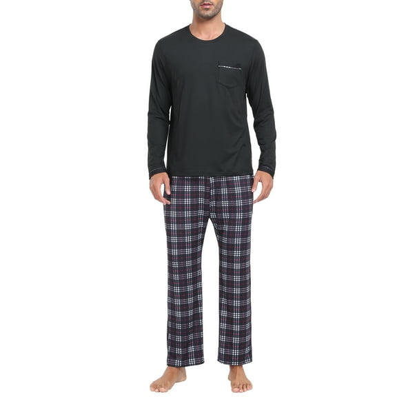 MoFiz Pjs Men's Pajama Sets Long Sleeve Top Checkered Pants Cozy Loungewear 2 Pieces