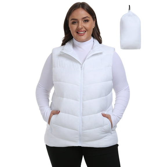 MoFiz US Women's Plus Size Stand Collar Puffer Vest Lightweight Warmth Full Zip Jacket XL-5XL