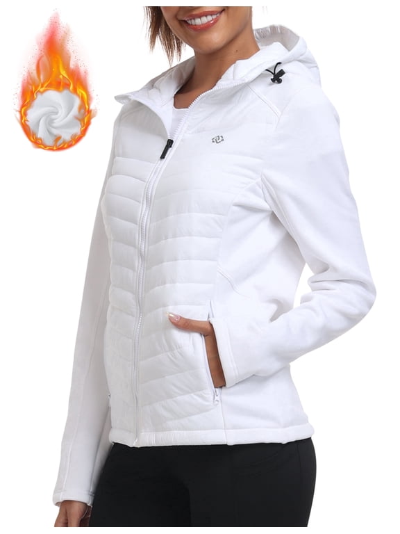 Women's Fleece-Lined Thermal Hooded Puffer Jacket, Full Zip Lightweight Hybrid Softshell Winter Coat