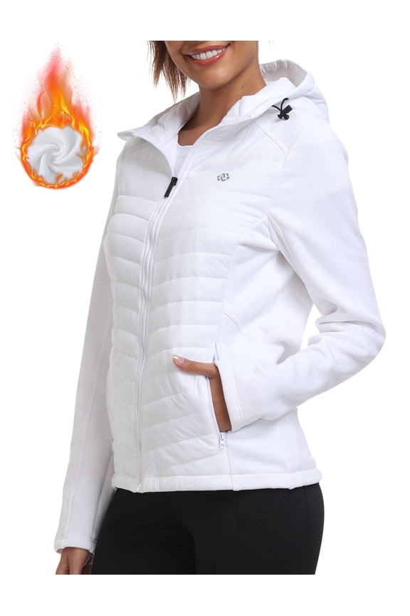 Women's Fleece-Lined Thermal Hooded Puffer Jacket, Full Zip Lightweight Hybrid Softshell Winter Coat